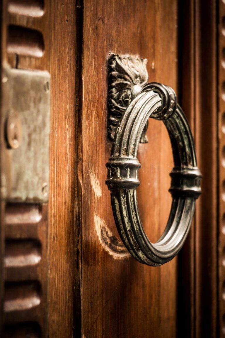 Close-up of an ornate brass door knocker on a wooden door in Venice