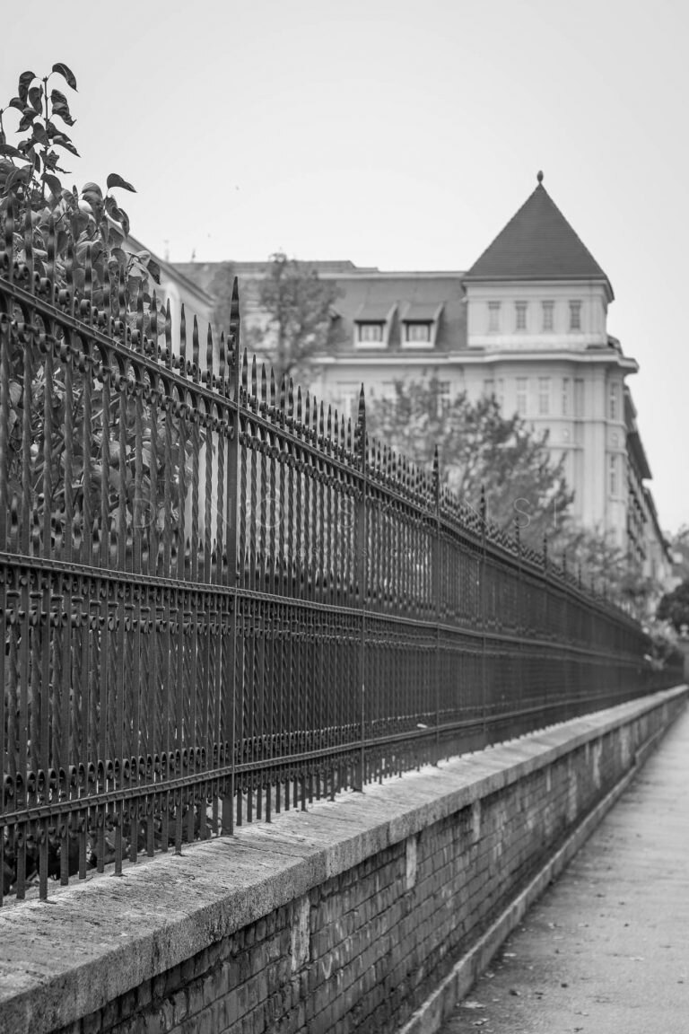 Black and white photo of a wrought-iron fence leading towards a building with a tower