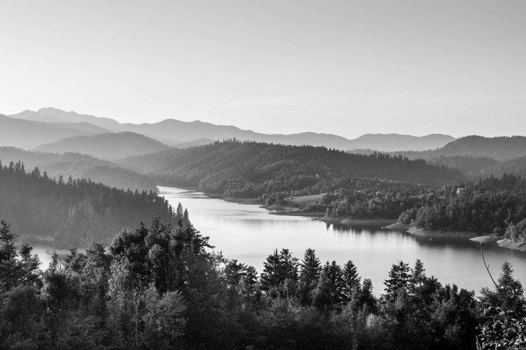 Black and white landscape of a river winding between forested hills