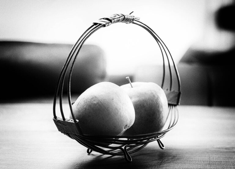 Black and white still life of two apples in a wire basket